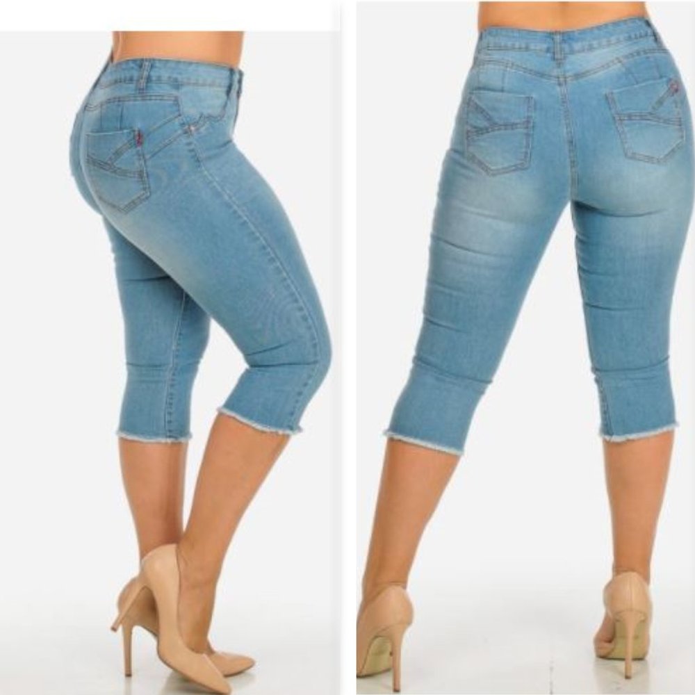 Light Wash Orange Stitching Capri